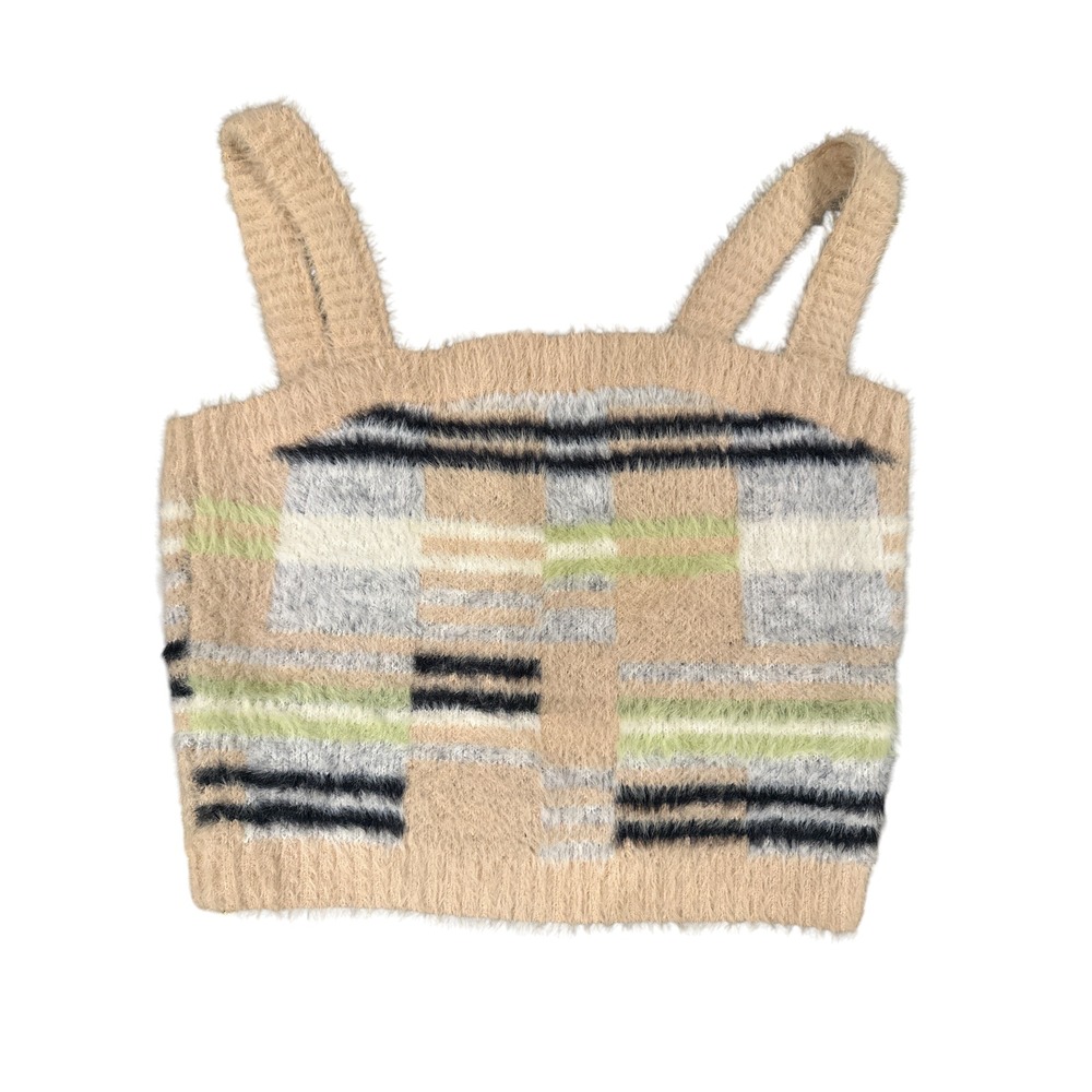 Boho Fuzzy Knit Crop Top Small‎ Beige Patchwork Y2K Soft Girl Coquette Festival